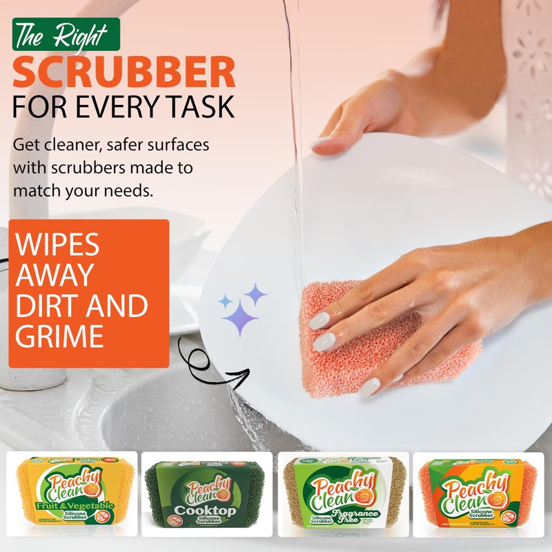 Peachy Clean Silicone Dish Sponge Scrubbers, Fresh Peach Scent, Non-Scratch,