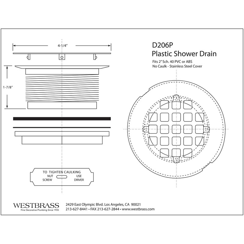 Westbrass D206P-26 2" No-Caulk PVC Compression Shower Drain with 4-1/4"