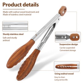2Pcs Wood Food Tongs Rustproof Salad Tongs with Tips Locking Storage Serving Tong Portable Multifunctional Kitchen Tongs for Cooking Flipping Grilling