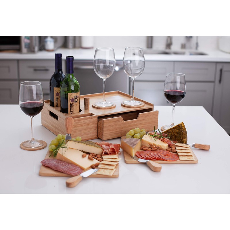 Mobilevision Bamboo Wine & Cheese Serving Tray Plus Drawer for