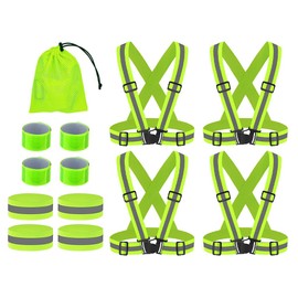 Anlising 4 x adjustable reflective safety vest, 4 x reflective bracelets, 4 x reflective bands, snap bracelets with mesh bag, reflective bands, safety vest, reflective safety vest set, yellow