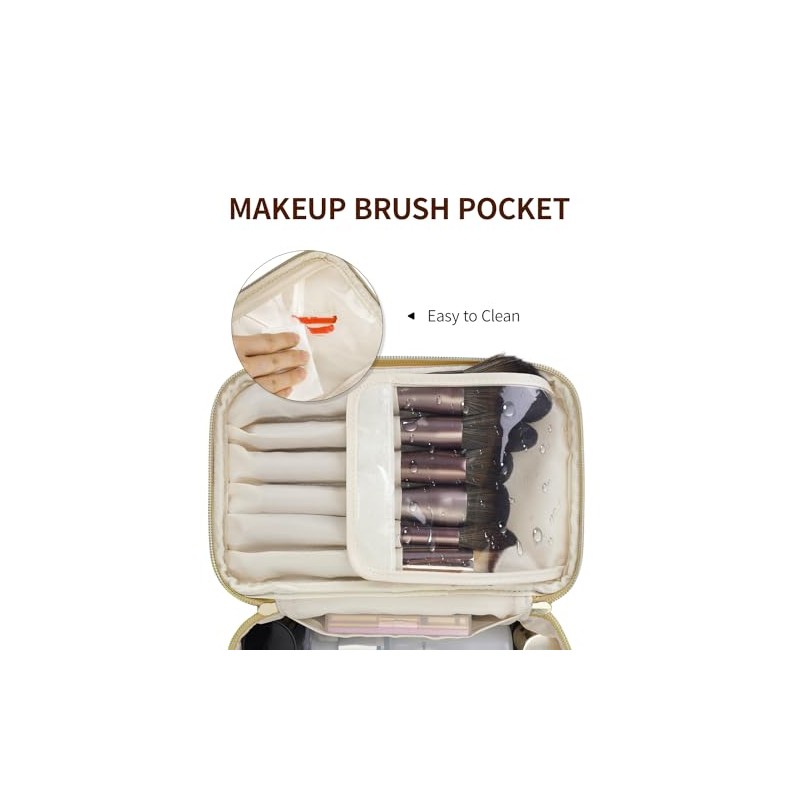 Travel Makeup Bag, Large PU Leather Cosmetic Case with Brush