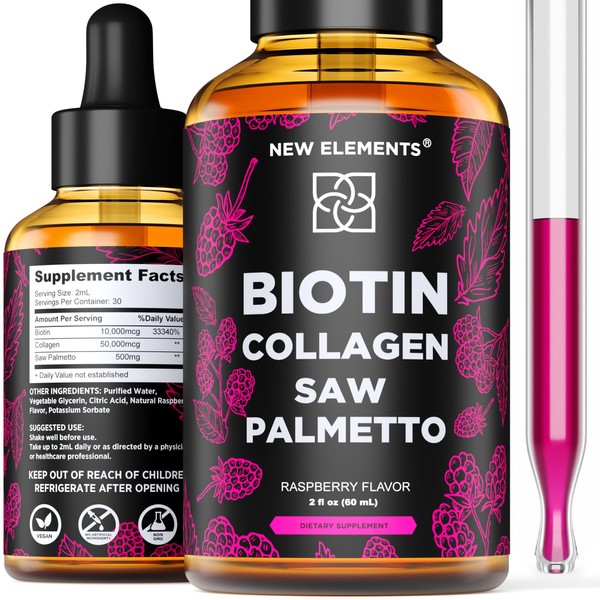 Liquid Saw Palmetto Extract with Biotin & Collagen Drops for Women and Men | Hair Growth Supplement | DHT Blocker | Prostate Support | Hair Skin and Nails Vitamins | Fast Absorption | Non-GMO