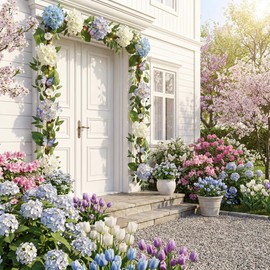 Valery Madelyn 6FT Spring Summer Flower Garland with Lights for Mantle,Blue White Hydrangeas Floral Garland with Eucalyptus Leaves Butterfly for Home Table Centrepiece Stairs Wedding Party Decorations