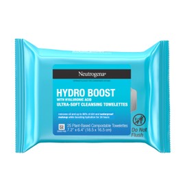 Neutrogena Hydro Boost Face Wipes + Hyaluronic Acid, Hydrating Makeup Remover Wipes Remove Dirt & Waterproof Makeup, Hypoallergenic, 100% Plant-Based Cloth, 25 ct