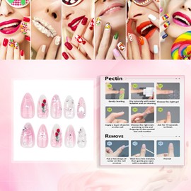 Rchovsam Almond Nails Press on Medium Press on Nails Valentines Blush Press Ons Bow-tie Designs False Nails Full Cover Artificial Nails Kit 24pcs - Blush Strawberry