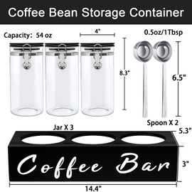 Liengoron 3x54 oz Glass Coffee Bean Storage Container with Shelf 3PCS Glass Coffee Containers with Airtight Locking Clamp Lid Spoons Coffee Canister Set Jars for Kitchen Food Storage Tea Sugar, Black
