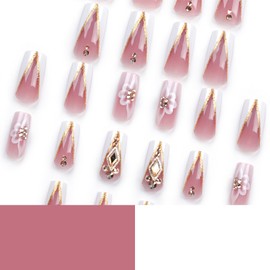 RTKHFZE Press on Nails Long Square Fake Nails Gold Glitter V Shape False Nails French White Flower and Three-Dimensional Rhinestones Designs Acrylic Nails Glossy Full Cover Stick on Nails for Women