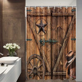 Jipusai Texas Star Western Barn Door Shower Curtain Sets for Bathroom,Cowboy Hat Boots Wheel Decor Curtain, Vintage Rustic Wooden Board Farmhouse Bath Curtain with Hooks, 54X70IN