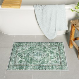 Uphome Green Bath Mat, Distressed Farmhouse Boho Bathroom Rugs, Super Cozy Velvet Small Bathroom Mats, Non Slip Machine Washable Bathroom Floor Mat for Toilet Sink Shower, 18x26 inch