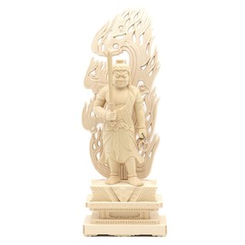 木彫 Buddha of 不動明王 Square Base 火焔 光背 6.0 Dimension 桧木