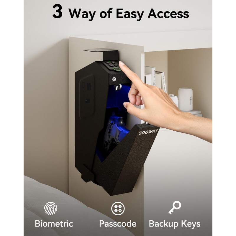 Gun Safe, Mounted Biometric Pistol Safe Drop Down Gun Lock