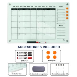 TSJ OFFICE Glass Calendar Whiteboard - 36 x 24 Inches Wall Mounted Monthly Dry Erase Calendar for Wall, Large Magnetic Glass White Board for Office, Home & School