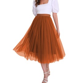 Women’s Tulle Skirts Midi Elastic High Waist Pleated Mesh Flowy A-Line Party Long Tutu Skirt Caramel