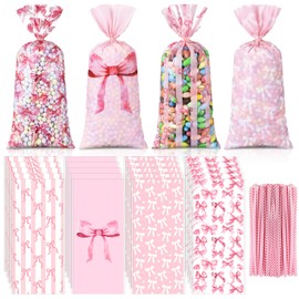 Yexiya 100 Pack Pink Bow Cellophane Bags Coquette Party Favor Bags Candy Treat Bags with 150 Twist Ties for Pink Wedding Birthday Christmas Party Favor Supplies(Classic)