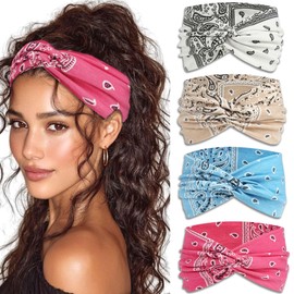 STGDAK Wide Headband Boho Bandana HeadbandsFor Women Turban Head Wraps Paisley Criss Cross Wide Headbands Non Slip Hair Scarf Head Bands Cute Hairband Fashion Hair Accessories For Girls Teens 4 Pack