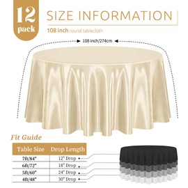 REWOMC 12 Pack Champagne Round Tablecloth, 108 Inch Silky Satin Table Cloth, Bright Silk Tablecloth Smooth Fabric Table Covers Overlay Silky Round Table Decoration for Wedding Party Banquet Birthday
