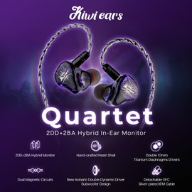 LINSOUL Kiwi Ears Quartet 2DD+2BA Hybrid In-Ear Monitors, HiFi Headphones with Handmade Resin Shell, Removable OFC Silver-Plated IEM Cable for Musicians DJ Gaming