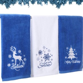 Tiamon 3 Pack Christmas Hand Towels for Bathroom Set Cotton Embroidered 13.7'' x 29.5'' Xmas Snowflake Dish Tea Fingertip Towel Cloths Decorative for Winter Holiday Kitchen Bath Gift(Blue,Snow)