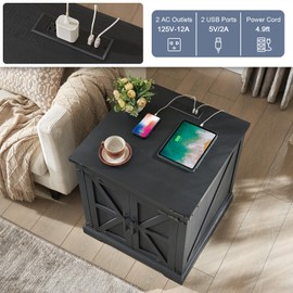 Barnyatoh Farmhouse End Table with Charging Station,24" Large Sofa Side Table with Barn Door, Rustic Wood Square Nightstand Bedside Table with Adjustable Storage Shelf for Living Room, Bedroom,Black