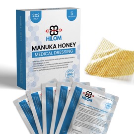 Hilom Medical Grade Manuka Honey Gauze Dressing 2 inch x 2 inch (5 Pack - Non-Adherent) | First Aid for Minor Wounds Such as Cuts or Advanced Wound Care of Bed Sores, Burns, or Lacerations