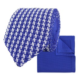 THE GENTS LAB Men's Diamond End Knitted Neck Tie With Houndstooth Design & Matching Pocket Square | Made From 100% Soft Polyester | Over 10+ Colours (Royal Blue)