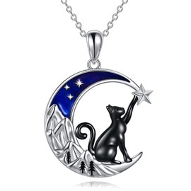 VONALA Cat Pendant Necklace, 925 Sterling Silver Animal Moon Necklace Jewellery Gift for Women, Silver Sterling Silver, No Gemstone