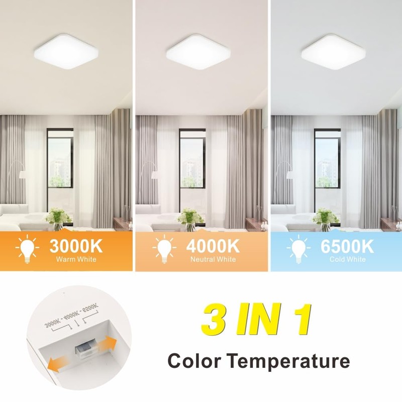 BrightFly LED Square Ceiling Light, 2300LM 20W, 3CCT (3000K/4000K/6500K) Bathroom