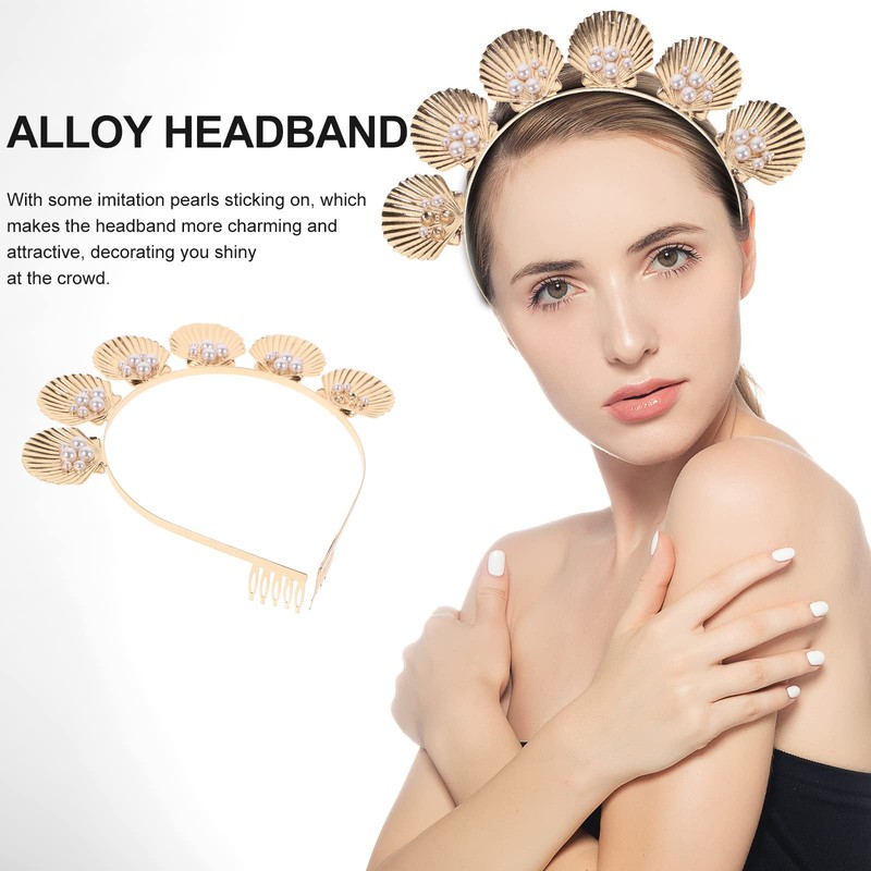 Lurrose Shell Headband Gold Seashell Crown Goddess Pearl Decor Tiara