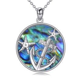 S925 Sterling Silver Anchor Pendant Necklace with Abalone Shell, Nautical Jewelry for Women and Men