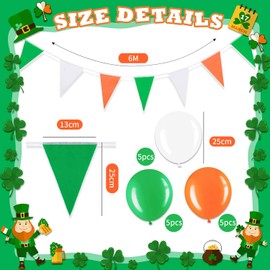 St Patricks Day Decorations Set - 6M St Patrick's Day Pennant Banner with 15Pcs Balloons, Irish Green White Orange Triangle Flags for St Patrick's Day Party Hanging Decorations