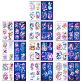 JEYORZY 10 Blätter Temporäre Tattoos, Leucht Tattoo unter UV, Glow UV Schwarzlicht Party Deko Tattoos für Erwachsene Teenager Kinder, Hautfreundlich Klebetattoos, Geschenke für Mädchen (B)