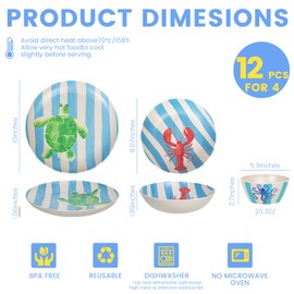 Unbreakable Dinnerware Set for 4 Natul with Blue Stripe Lobster Crab and sea turtle 12 Piece Melamine Wheat Straw BPA Free Lightweight Dishwasher Safe Shatter Resistant for Camping Outdoor RV Party