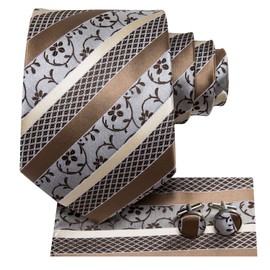 Hi-Tie Khaki Floral Tie Woven Silk Stripe Brown Necktie Wedding Set with Pocket Square Cufflinks