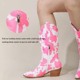 Cozivwaiy Women Cow Print Cowgirl Boots Chunky Heel Half Boots Pointed Toe Western Boots Cow Print Pull on Cowgirl Boots Mid Calf Cowhide Boots Pink 9