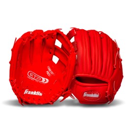 Franklin Sports Teeball Glove - RTP Fielding Glove - Synthetic Leather Baseball Glove - Ready To Play Glove (RTP) - 9.5 Inch Left Hand Throw - Red with Ball