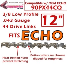 For ECHO COPPERHEAD 12" 3-Pack Chainsaw Chains, 3/8 Low Pro, .043, 44DL ECHO PPT 90PX44CQ