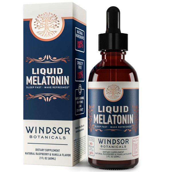 Liquid Melatonin Immediate Release Drops - Max Strength, Sleep Faster, Longer, Wake Refreshed - Windsor Botanicals Sublingual, Vegan, No Alcohol Supplement - Raspberry Vanilla Flavor - 2 oz
