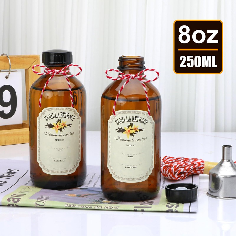 YINGERHUAN 8oz Glass Vanilla Extract Bottles,Round Amber Boston with Caps
