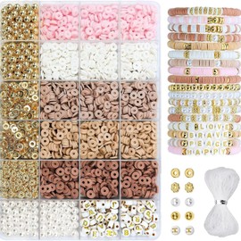 Polymer Clay Beads Kit for DIY Jewelry – with Elastic Cord, Spacer Beads, Colorful Flat Heishi Beads – Ideal for Bracelet & Necklace Making (Camel Pink White 24)