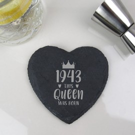 eBuyGB Engraved Heart Slate Coaster -1943 This Queen was Born Design - 80th Birthday Gifts for Women, Her - Eightieth Birthday Gift for Grandma, Mum, Sister, Auntie - Drinks Mat, Placemat