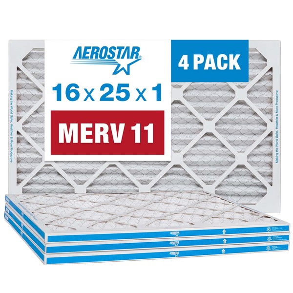 Aerostar 16x25x1 MERV 11 Pleated Air Filter, AC Furnace Air Filter, 4 Pack (Actual Size: 15 3/4"x24 3/4"x3/4")