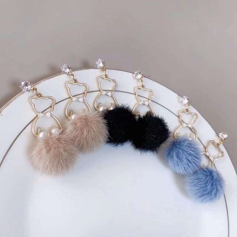 Cute Bear Pom Pom Drop Earrings for Women, Sparkly Zircon