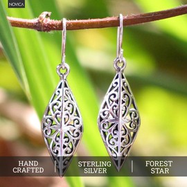 NOVICA Sterling Silver Dangle Earrings | Artisan Crafted | Thai Rainforest | Long French Wire | No Gemstone | Hypoallergenic Jewelry | Lead & Nickel Free | Thailand 'Forest Star' 1.8"L x 0.5"W x 0.5"D