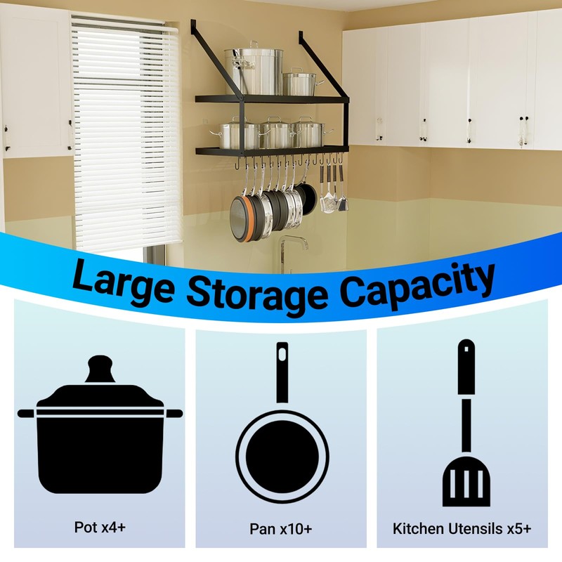 Miyili 30-Inch Kitchen Pot Rack with 15 Hooks, Wall Mounted