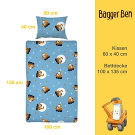 LINGEN Bagger Ben Bed Linen Set - 2-Piece Blue 100% Cotton Soft and Breathable - for Boys and Girls - Duvet Cover 100 x 135 cm, Pillowcase 40 x 60 cm