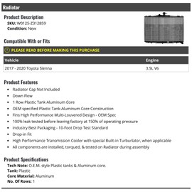 Radiator - Compatible with 2017-2020 Toyota Sienna 3.5L V6