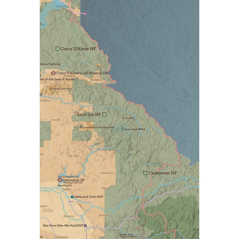 Idaho State Parks & Federal Lands Map 24x36 Poster (Tan