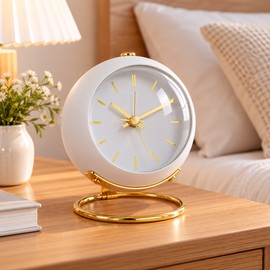 Analog Alarm Clock for Bedside Use – Silent Luminous Pointer Design with Gold Stand for Bedroom, Desk & Kids Room