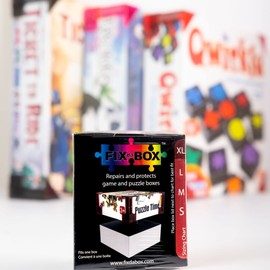 FixDaBox X Large Set: plastic corner support pieces to repair and protect your game or puzzle box. Clip over broken lid corners to cover damage & reinforce box. Fits box lids 3.0-3.6 in high. (Black)